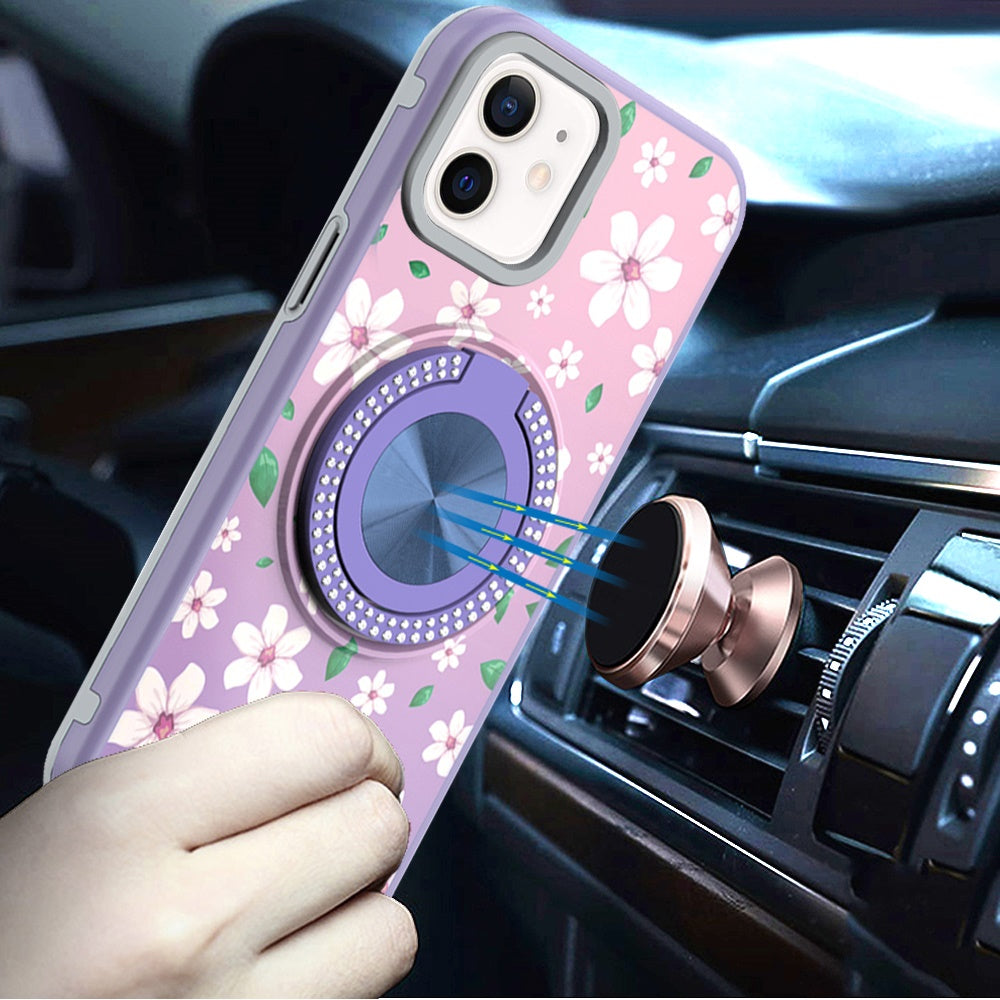 For Apple iPhone 16 Pro Pattern Design Hybrid with Invisible Ring Stand & Magnetic Back, Shockproof Protective Grip Case Cover