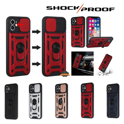 For Apple iPhone 17E /16E Hybrid Case with Slide Camera Lens Cover, Ring Kickstand, Heavy-Duty Dual Layer TPU, Fit Magnet Car Mount Case Cover
