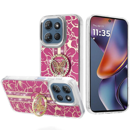 For Motorola Moto G 5G 2025 Diamonds 3D Butterfly Floral Design Bling Sparkly Glitter Hybrid Metal Fashion with Ring Stand Case Cover Hot Pink