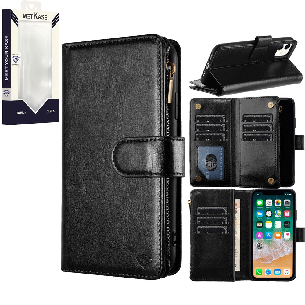For Apple iPhone 16 Pro (6.3") Premium Leather Zipper Wallet with Credit Card Slots Money Pocket Luxury Clutch Pouch Stand & Strap Case Cover Black