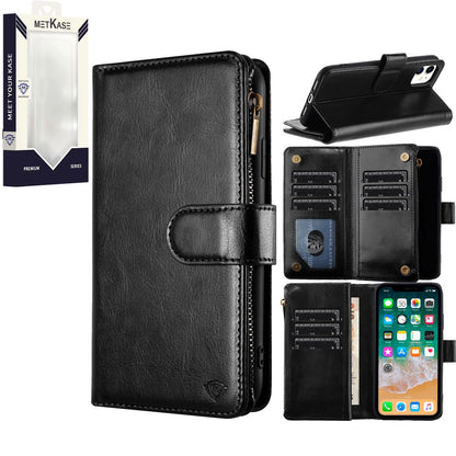 For Apple iPhone 16 Pro (6.3") Premium Leather Zipper Wallet with Credit Card Slots Money Pocket Luxury Clutch Pouch Stand & Strap Case Cover Black