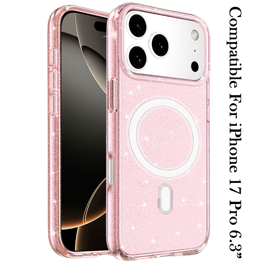 For Apple iPhone 17 Pro MagSafe Compatible Glitter Sparkle Bling Hybrid Case with Magnetic Circle, Slim TPU & Hard PC Frame Case Cover Pink