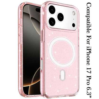 For Apple iPhone 17 Pro MagSafe Compatible Glitter Sparkle Bling Hybrid Case with Magnetic Circle, Slim TPU & Hard PC Frame Case Cover Pink