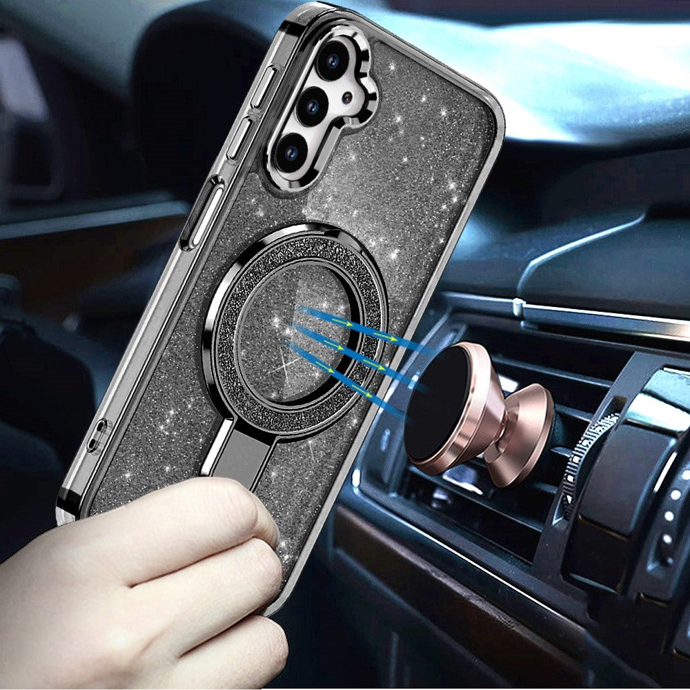 For Apple iPhone 15 Transparent Glitter Bling Case with Rotating Magnetic Ring Stand, Shockproof Hybrid Case Cover