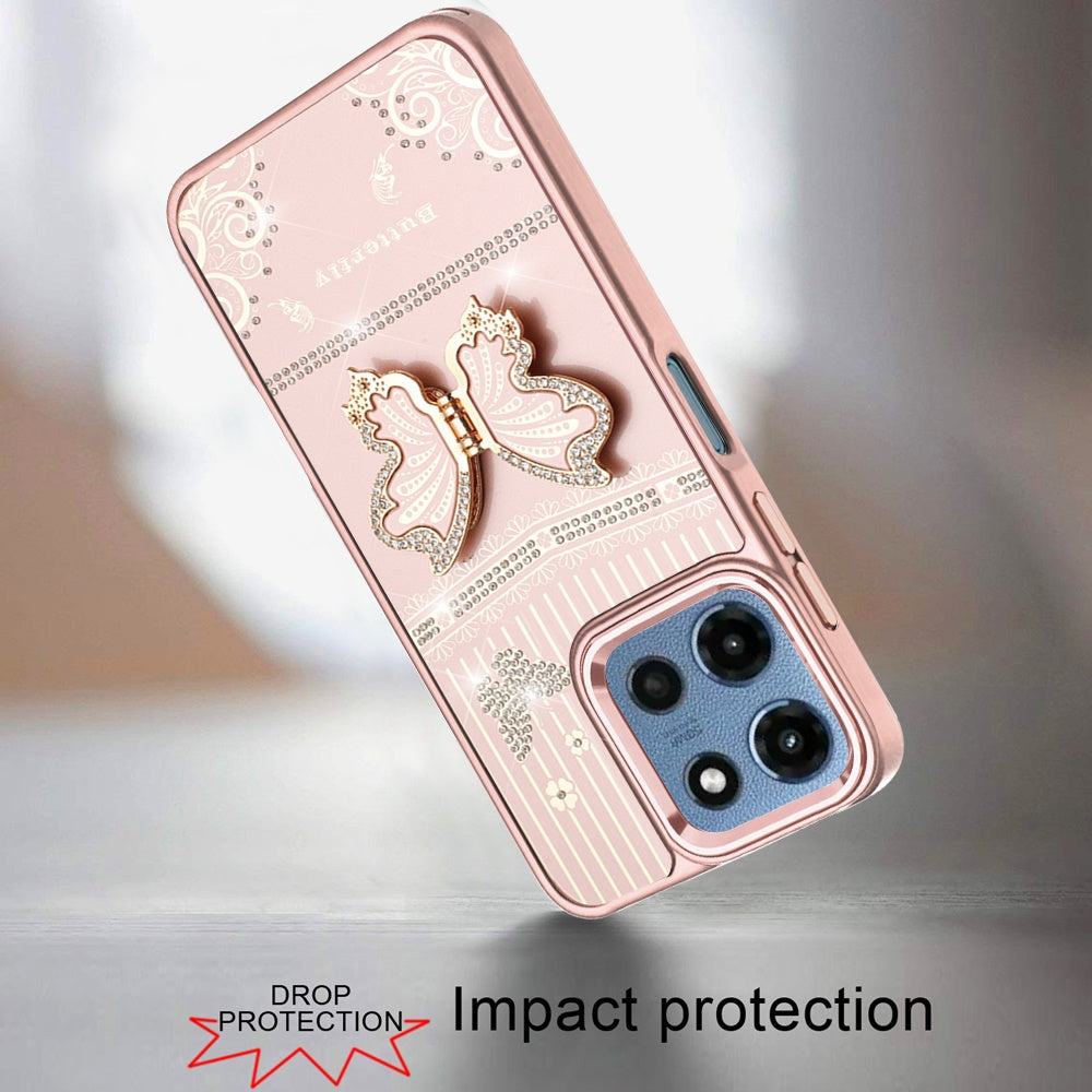 Phone Case for Motorola Moto G Play 5G 2026 Glitter Bling Butterfly Stand Metallic Edge Hybrid Shockproof Grip Durable Camera Protection Stylish Design Cover Rose Gold