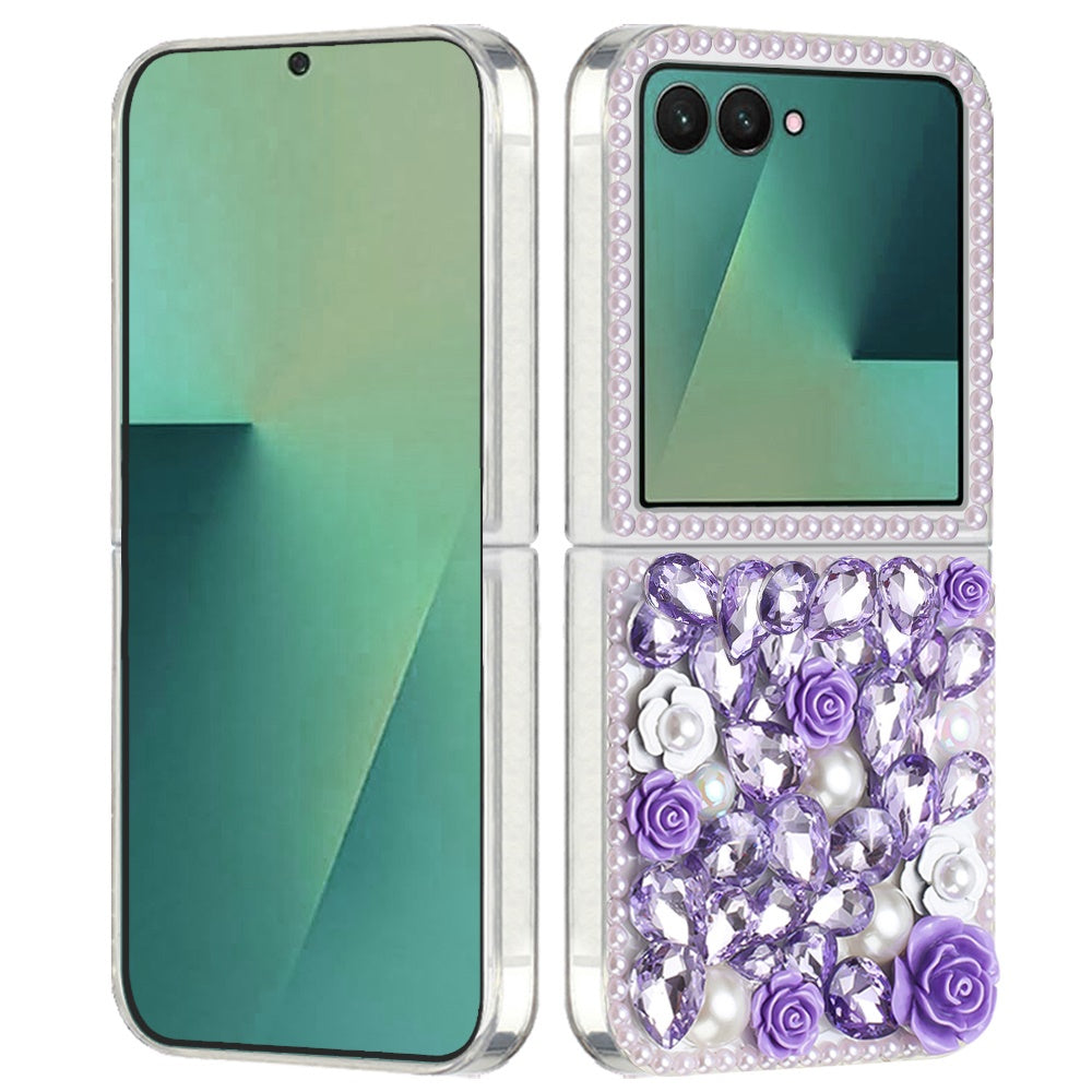 For Samsung Galaxy Z Flip 7 Fashion Rose Flower Floral Bling Crystal 3D Full Diamonds Pearl Sparkle Rhinestone Glitter Hybrid Case Cover