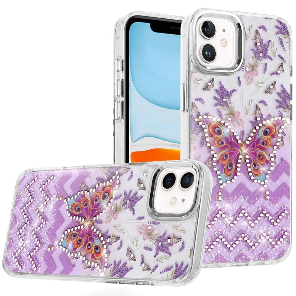 For Apple iPhone 17E /16E Butterfly Resin Epoxy Diamond Design Metal Edged Hybrid Shockproof Heavy Duty Drop Protection Case Cover
