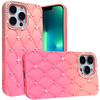 For Apple iPhone 11 Fashion Flower Design Sparkle Glitter Shimmer Rhinestone Bling Floral Accents, Leather Texture TPU Case Cover Orange /Pink