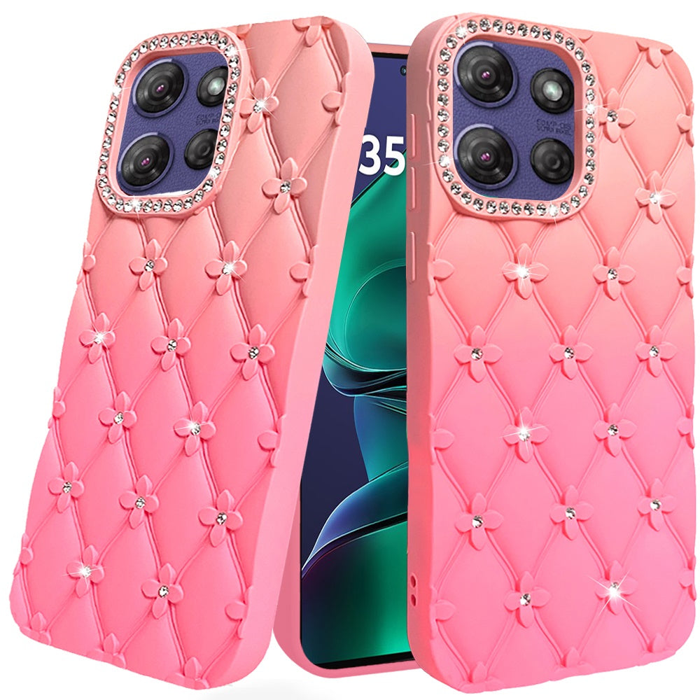 For Motorola Moto G Stylus 5G 2025 Fashion Flower Design Sparkle Glitter Shimmer Rhinestone Bling Floral Accents, Leather Texture TPU Case Cover