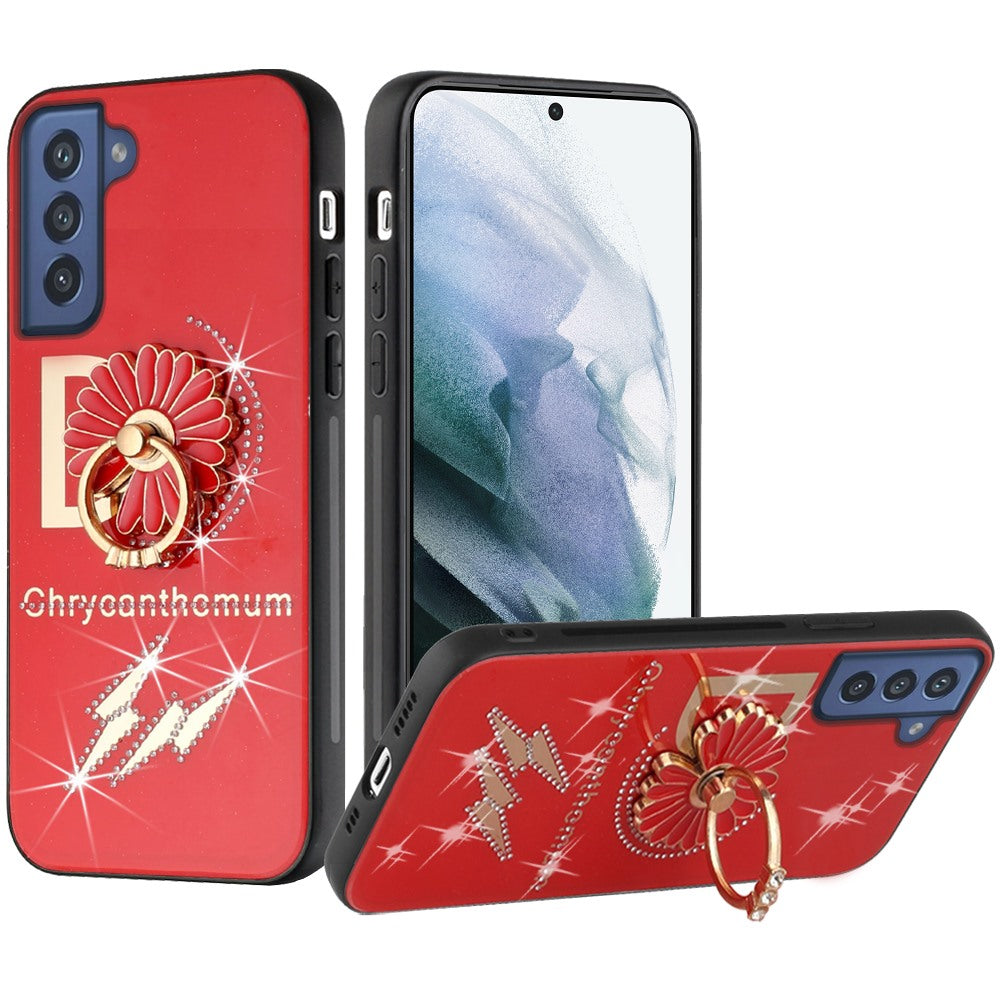 For Samsung Galaxy S21+ / S21 Plus Diamonds 3D Fashion Floral Bling Sparkly Glitter Ornaments Engraving Hybrid with Ring Stand Case Cover Red Good Luck Floral