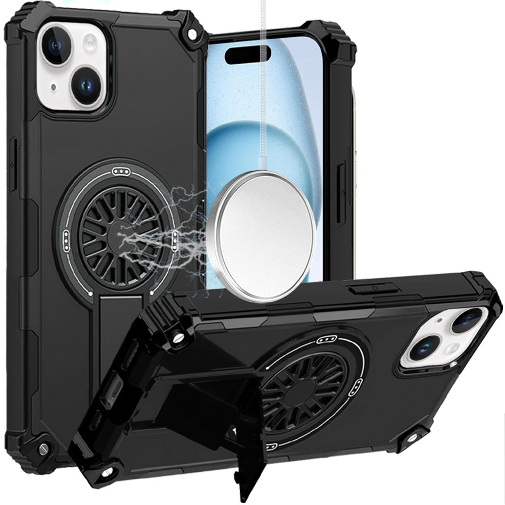 For iPhone 15 (6.1") Texture Design Invisible Kickstand Case, MagSafe Compatible Hybrid Shockproof Cover, Car Mount Friendly Case Cover