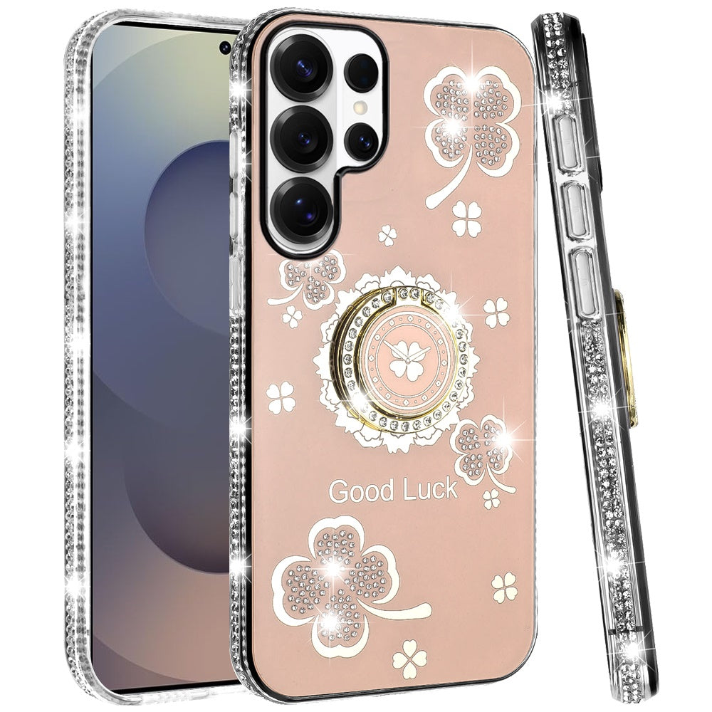 For Samsung Galaxy S26 Ultra Diamonds Bling All Around Edges Sparkly Glitter Hybrid with Ring Stand Holder Fashion Good Luck Case Cover