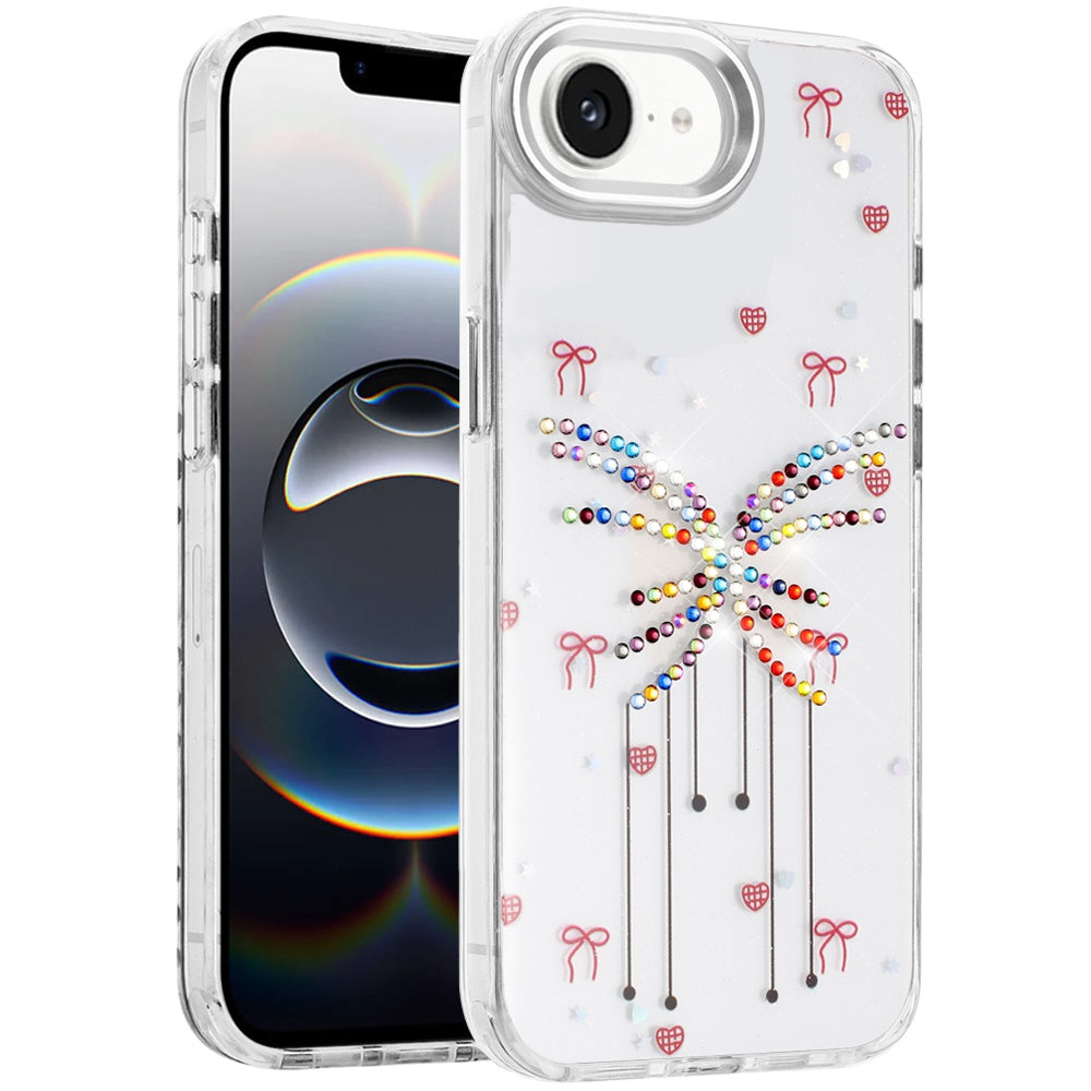 For Apple iPhone 17E /16E Butterfly Resin Epoxy Diamond Design Metal Edged Hybrid Shockproof Heavy Duty Drop Protection Case Cover