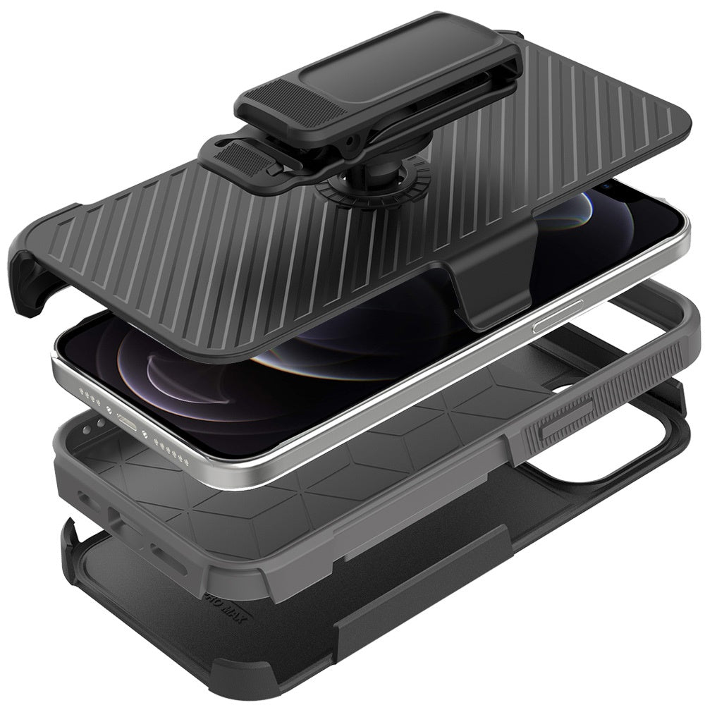 For Apple iPhone 16 Plus (6.7") Combo Hybrid lined with Belt Clip Holster Armor Shockproof Rugged Textured 2in1 Non Slip Tough Case Cover Black / Gray