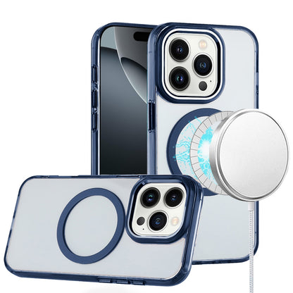 For Apple iPhone 16 Pro (6.3") Transparent Back Hybrid Case - Magnetic Circle, Color Frame, Metal Buttons, MagSafe Compatible Case Cover