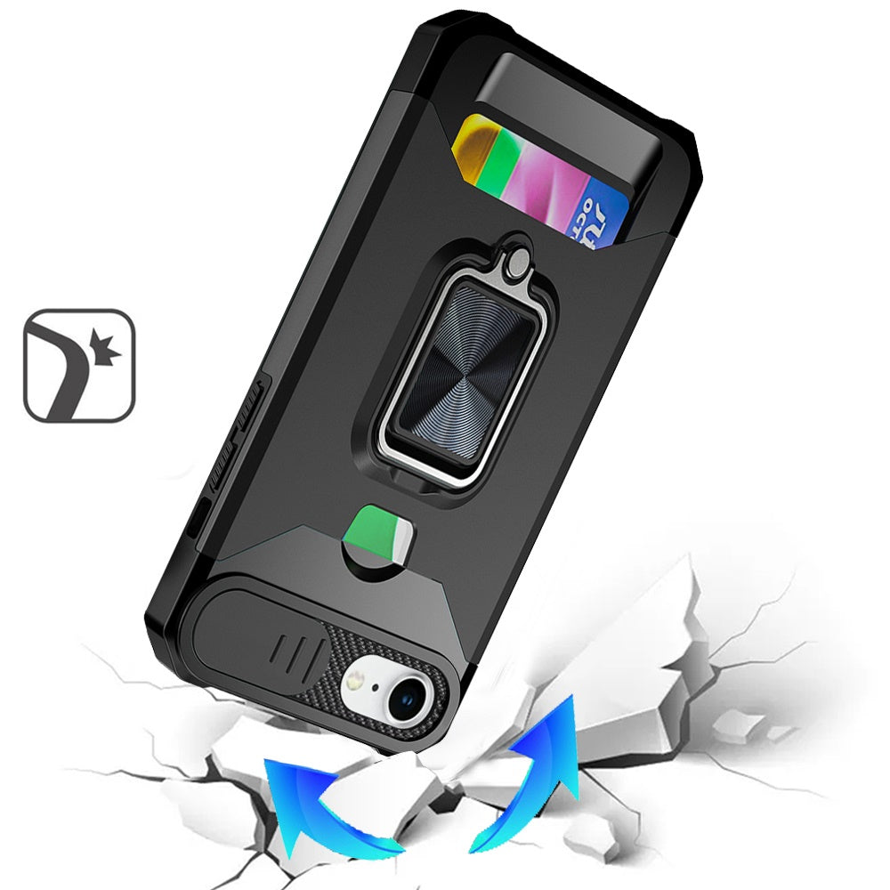 Wallet Case with Ring Stand & Slide Camera Cover Back Credit Card Slot Holder, Military Grade