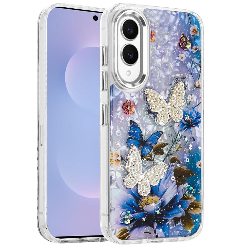For Samsung Galaxy S25 EDGE Epoxy Glitter Flowers Bling 3D Butterfly Fashion TPU Hybrid with Shockproof Protection Case Cover