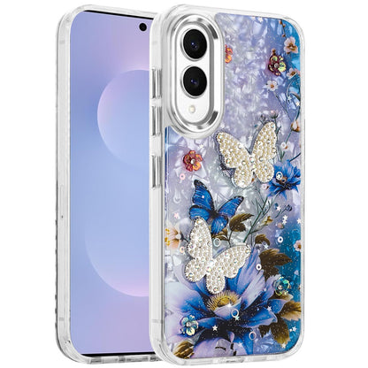 For Samsung Galaxy S25 EDGE Epoxy Glitter Flowers Bling 3D Butterfly Fashion TPU Hybrid with Shockproof Protection Case Cover