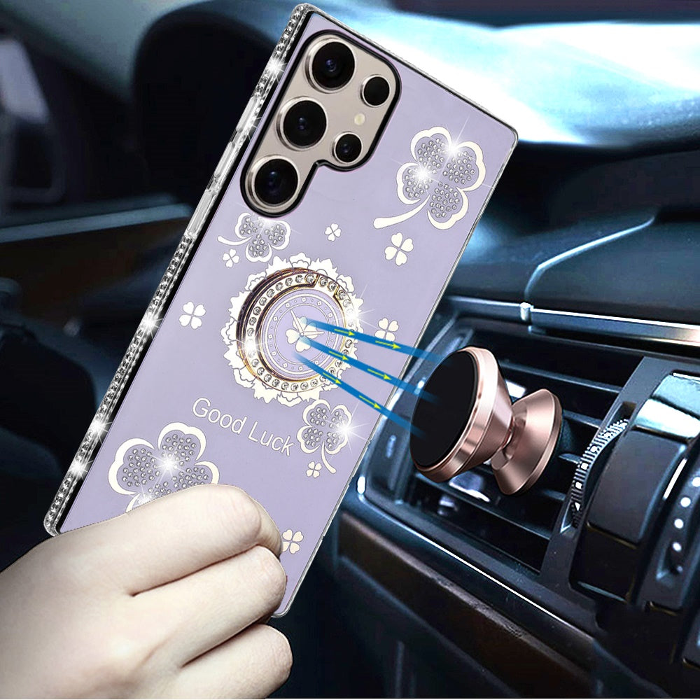 For Samsung Galaxy S25 Ultra Diamonds Bling All Around Edges Sparkly Glitter Hybrid with Ring Stand Holder Fashion Good Luck Case Cover