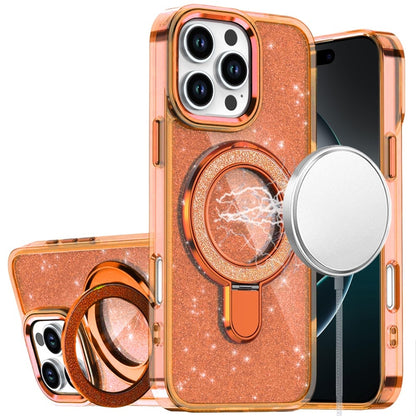 For iPhone 16 Pro Max (6.9") Transparent Glitter Bling Case with Rotating Magnetic Ring Stand, Shockproof Hybrid Protector Cosmic Orange