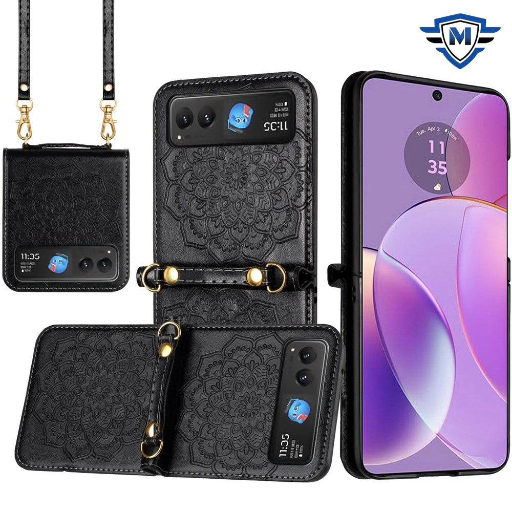 For Motorola Razr 2025 Premium Floral Embossed PU Leather Flip Cover, Elegant Mandala Design with Strap Case Cover