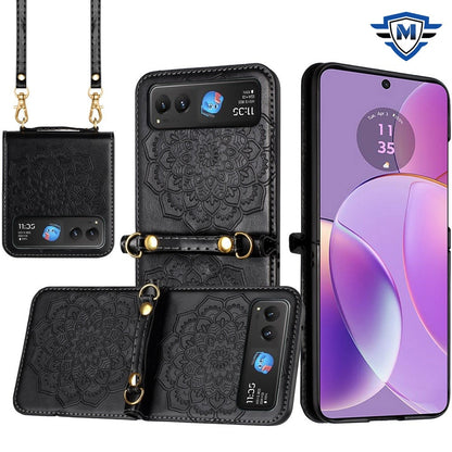 For Motorola Razr 2025 Premium Floral Embossed PU Leather Flip Cover, Elegant Mandala Design with Strap Case Cover