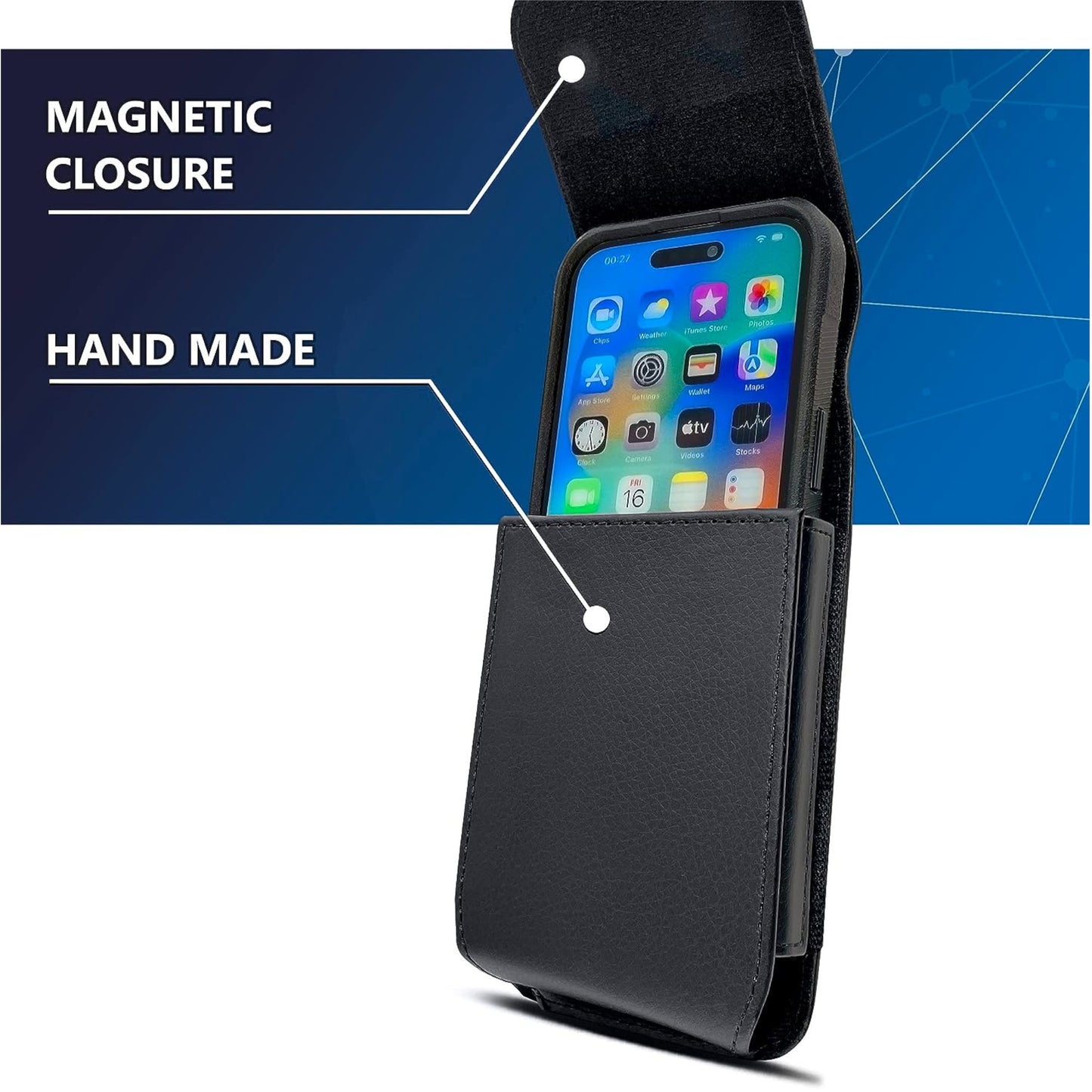 For Apple iPhone 16 Pro (6.3") Universal PU Leather Vertical Phone Pouch Holder Carrying Case [Magnetic Closure] With Fixed Belt Clip Holster Hybrid [Black]