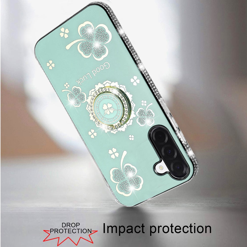 For Samsung Galaxy S25 Fan Edition /Galaxy S25 FE Diamonds Bling All Around Edges Sparkly Glitter Hybrid with Ring Stand Holder Fashion Good Luck Case Cover Teal