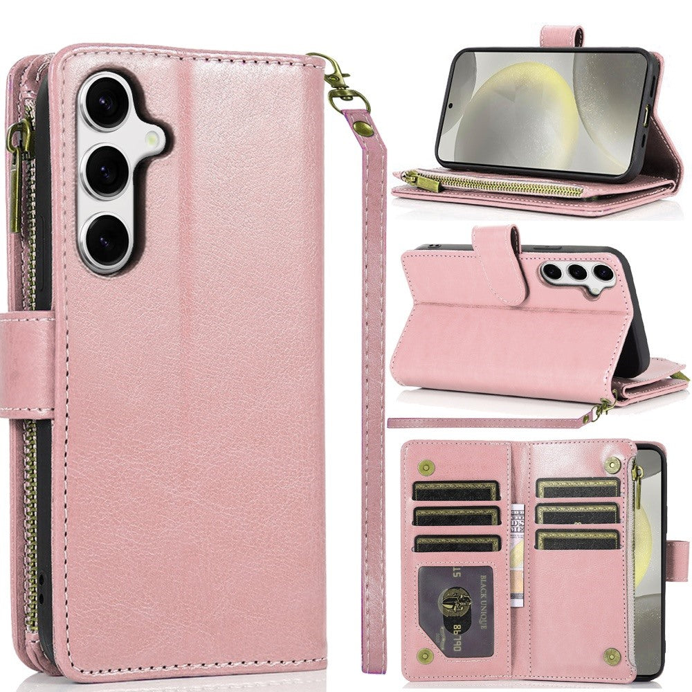 For Samsung Galaxy S25+ /S25 Plus /S24+ Plus Leather Wallet Case with Zipper, 9 Card Slots, Cash Pocket, Stand & Strap, Clutch Pouch Design Case Cover Rose Gold
