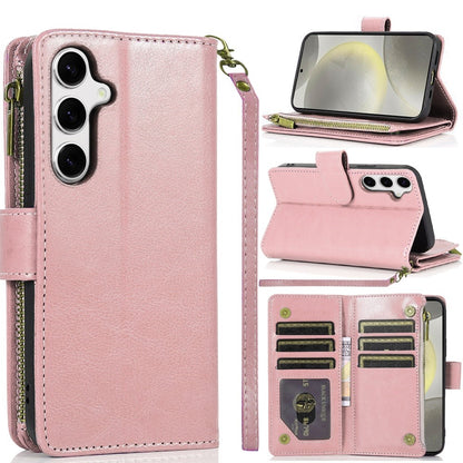 For Samsung Galaxy S25 /S24 Leather Wallet Case with Zipper, 9 Card Slots, Cash Pocket, Stand & Strap, Clutch Pouch Design Case Cover Rose Gold