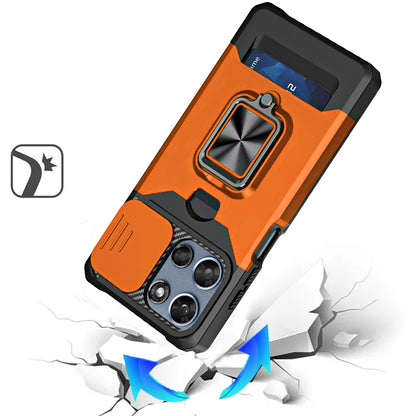 For Motorola Moto G Play 5G 2026 Wallet Case with Ring Stand & Slide Camera Cover Back Credit Card Slot Holder, Military Grade Case Cover Cosmic Orange