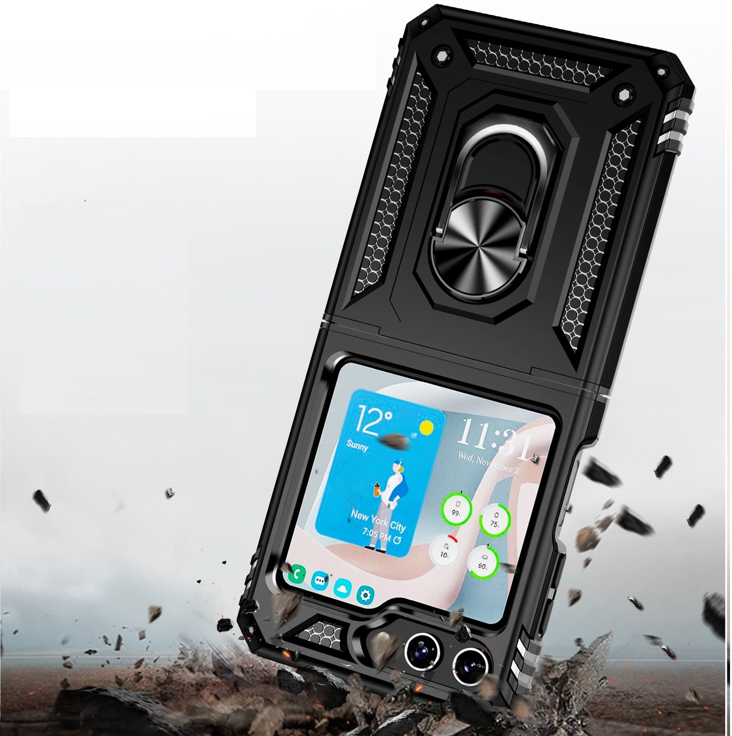 For Samsung Galaxy Z Flip 7 FE Hybrid Shockproof Protective with Magnetic 360° rotating Ring Kickstand, TPU Rubber PC Case Cover Black