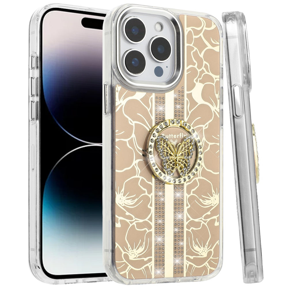 For Motorola Moto G 5G 2025 Diamonds 3D Butterfly Floral Design Bling Sparkly Glitter Hybrid Metal Fashion with Ring Stand Case Cover Gold