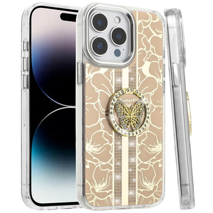 For Motorola Moto G 5G 2025 Diamonds 3D Butterfly Floral Design Bling Sparkly Glitter Hybrid Metal Fashion with Ring Stand Case Cover Gold