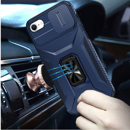 For Apple iPhone SE 3 (2022) SE/8/7 Case, Camera Cover with Magnetic Rotation Ring Stand, Military Grade Hybrid Hard TPU Shockproof Case Cover Blue