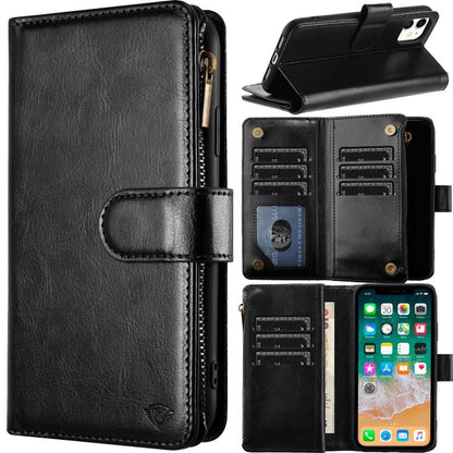 For Apple iPhone 16 Pro Max (6.9") Premium Leather Zipper Wallet with Credit Card Slots Money Pocket Luxury Clutch Pouch Stand & Strap Case Cover Black