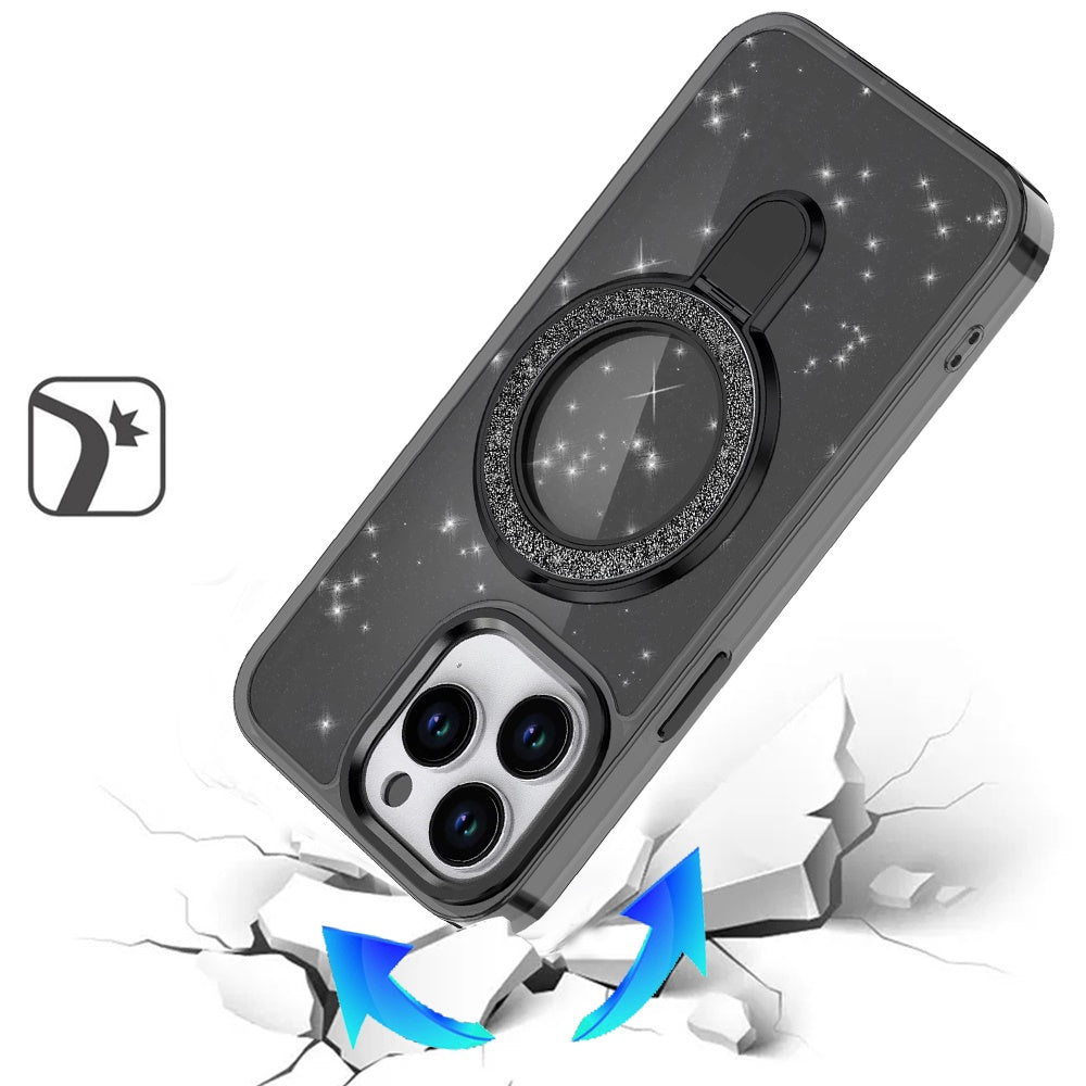 For Apple iPhone 17E /16E Transparent Glitter Bling Case with Rotating Magnetic Ring Stand, Shockproof Hybrid Case Cover