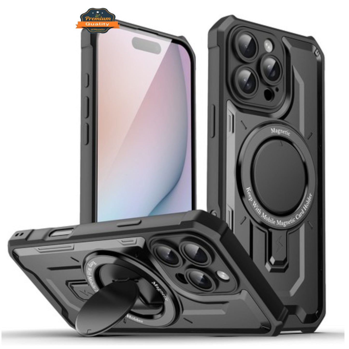 For Apple iPhone 16 Plus (6.7") Hybrid Tuff Case with Folding Stand Magnetic Holder Compatible with MagSafe [Military Shockproof] Case Cover