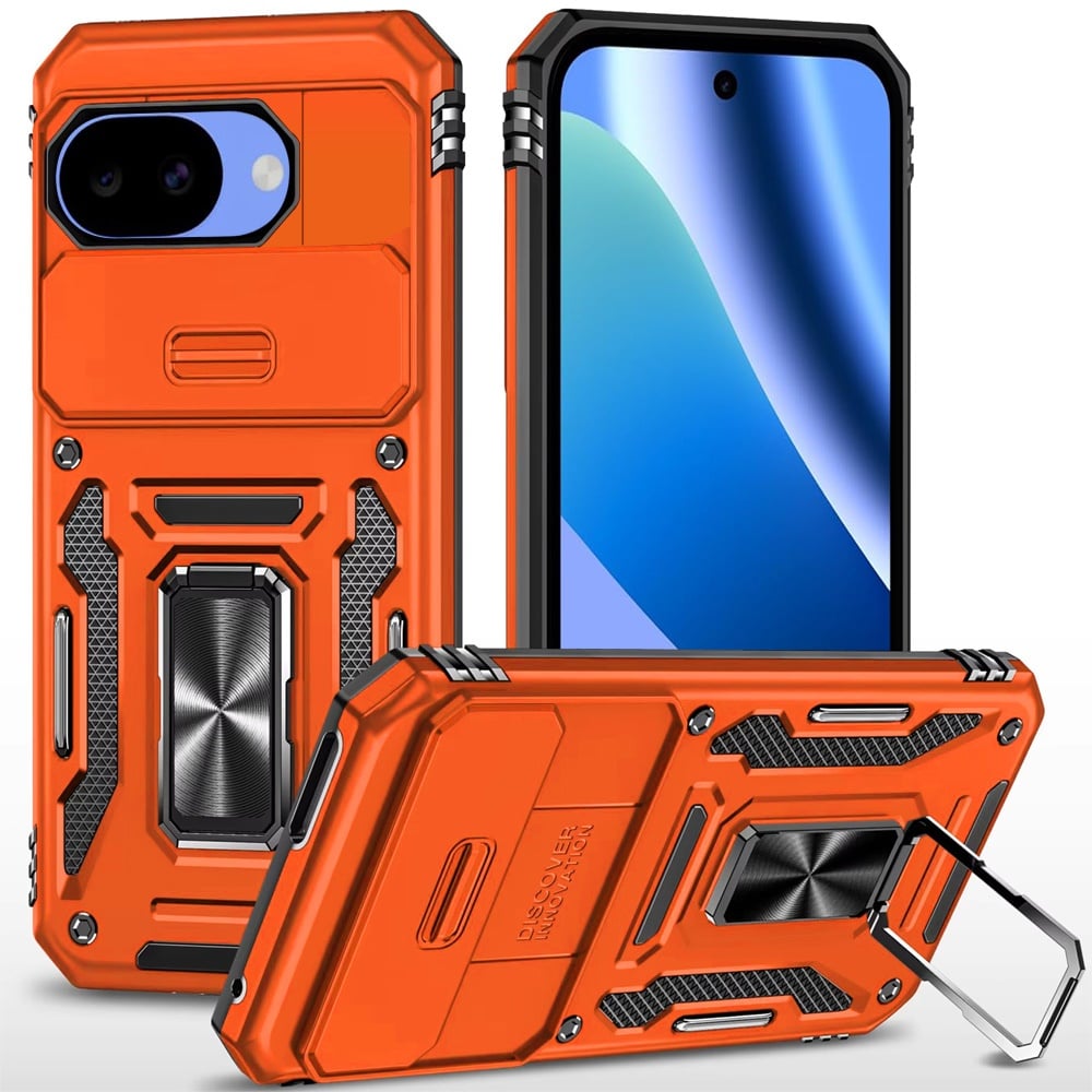 Phone Case for Google Pixel 10A Tough Metal Ring Shockproof Sliding Camera Window Hybrid Armor Rugged Anti Slip Heavy Duty Grip Cover Cosmic Orange