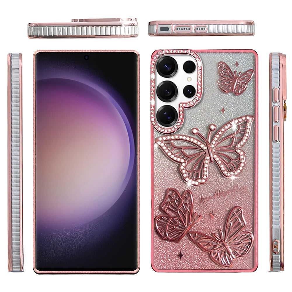 For Samsung Galaxy S24 Ultra Luxury Butterfly Sparkle Glitter Diamond Crystal Rhinestone Shimmer Bling Plating Thick TPU Hard PC Case Cover