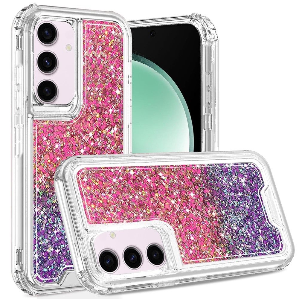 For Samsung Galaxy S23 Epoxy Bling Glitter Sparkly 3-in-1 Transparent Hybrid Full-Body Shockproof PC Bumper Case Cover Hot Pink+Purple