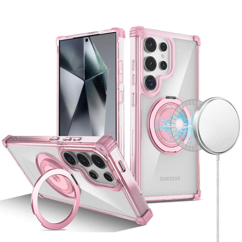 For Samsung Galaxy S24 Ultra Magnetic [Compatible with Magsafe] with 360° Rotatable Ring Holder Invisible Stand Transparent Case Cover