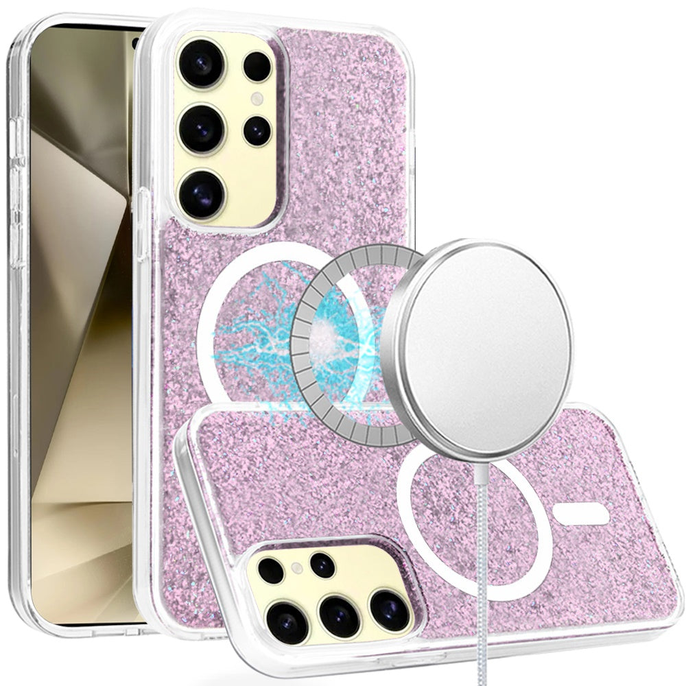 For Samsung Galaxy S25 Ultra Hybrid Epoxy Glitter Shiny Flower Design Stylish Fashion Case, Magnetic MagSafe Compatible, Shockproof Case Cover