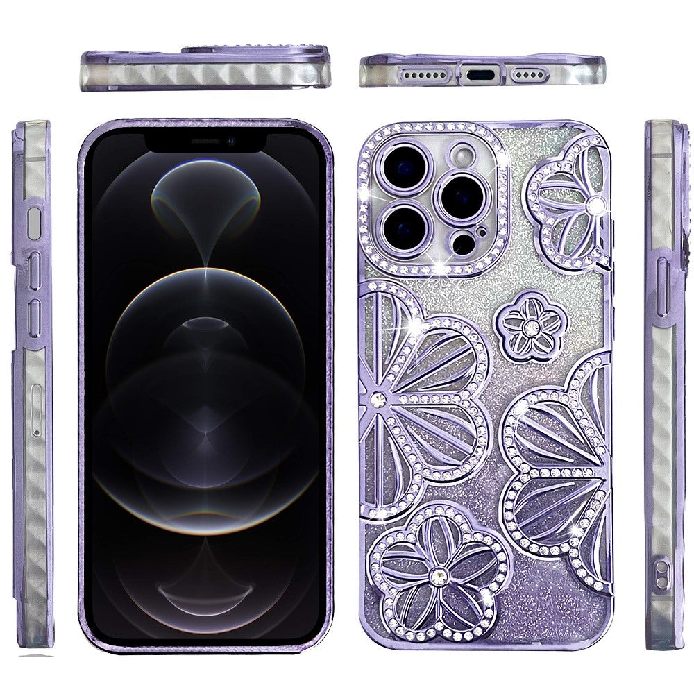 For Samsung Galaxy A16 Luxury Flower Design Sparkle Glitter Diamond Rhinestone Shimmer Bling Plating Thick TPU Hard PC Case Cover Flower Purple