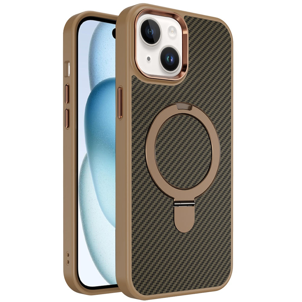 For Apple iPhone 16 (6.1") Hybrid Carbon Fiber Design with MagSafe Compatible [Magnetic Circle], Ring Stand Shockproof Slim TPU Case Cover