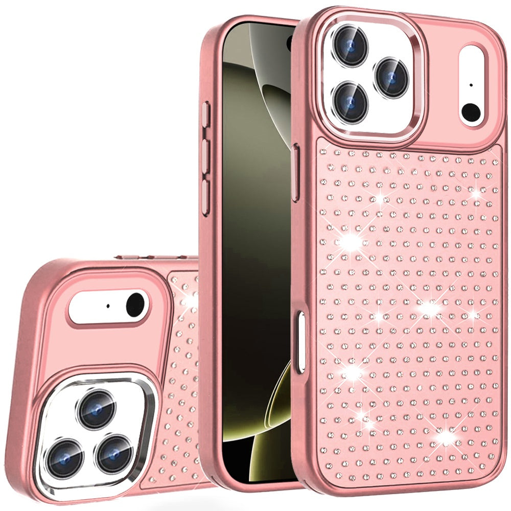 For Apple iPhone 17 Pro Bling Diamond Metallic, Full Sparkle Chrome Edged Hybrid Protective Shockproof Case Cover