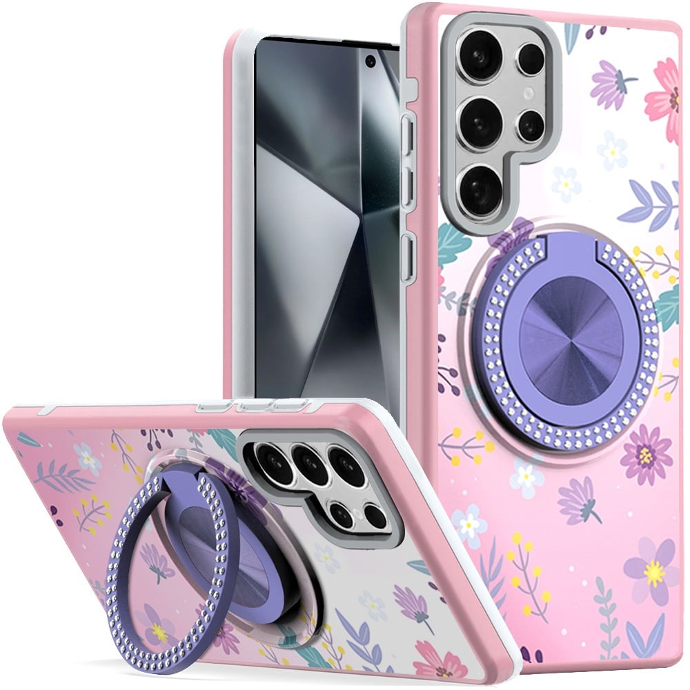 For Samsung Galaxy S24 Ultra Pattern Design Hybrid with Invisible Ring Stand & Magnetic Back, Shockproof Protective Grip Case Cover