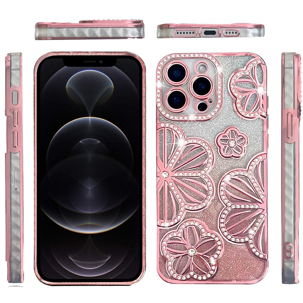 Phone Case for Apple iPhone 12 Pro Max Shimmer Glitter Floral Thick TPU Shockproof Durable Grip Camera Protection Anti-Scratch Stylish Design Cover Rose Gold