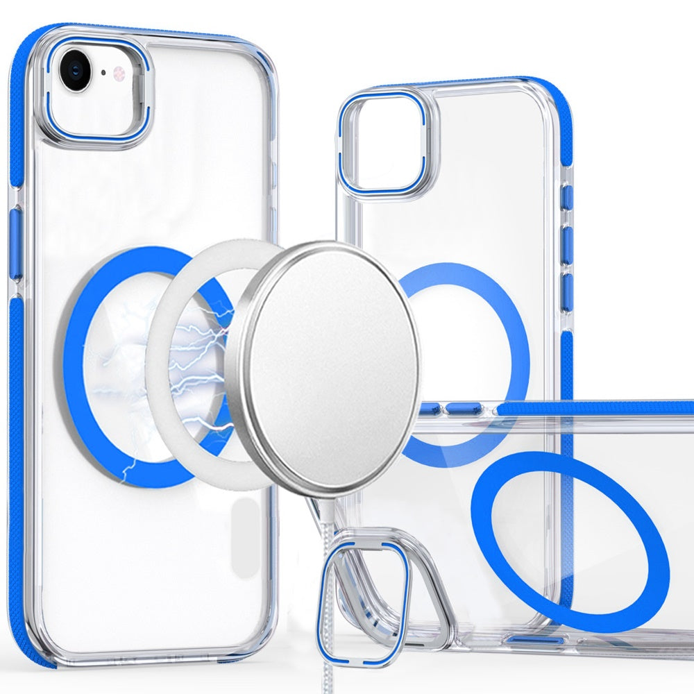 For Samsung Galaxy A17 5G Hybrid Clear Back Case with Invisible Camera Bracket Stand, MagSafe Magnetic Circle, Shockproof Color Frame Case Cover Blue