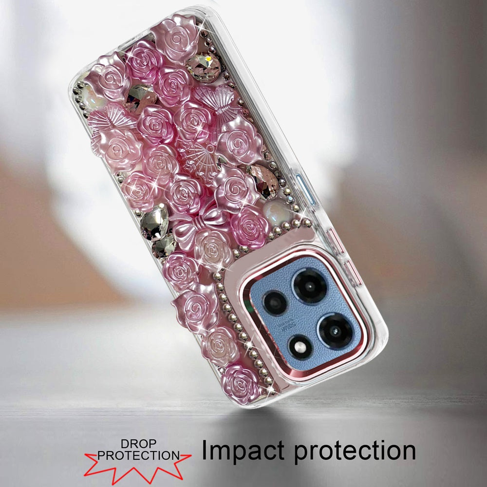 Phone Case for Motorola Moto G Play 5G 2026 3D Flower Bling Rhinestone Glitter Cute Stylish Shockproof Protective Decorative Luxury Grip Stones Ornaments Cover Pink